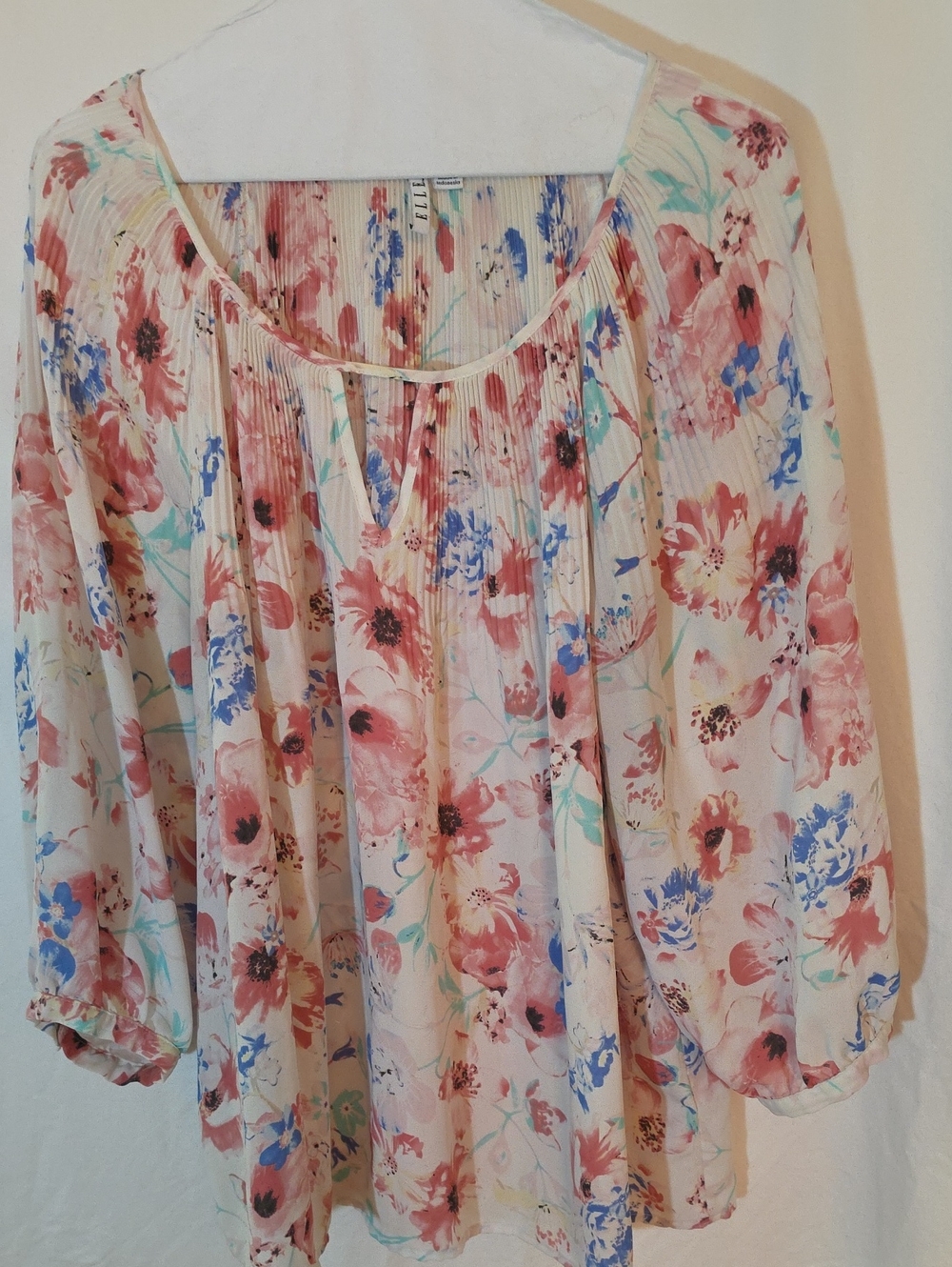 Elle Floral Scoop Neck Peasant Blouse - Pink Blue Cream